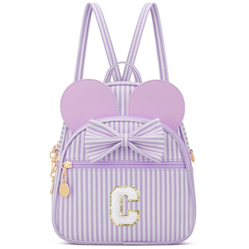 CLOUDWINGS Presente de aniversário personalizado para crianças, mochila pequena com inicial para meninas, Roxa, Mini, C