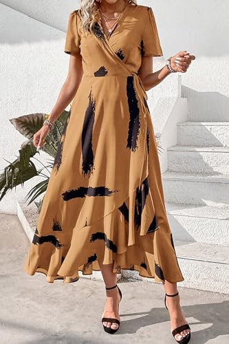 Image of PRETTYGARDEN Women's Summer Wrap Maxi Dress Casual Boho Floral V Neck Short Sleeve Ruffle Hem Split Beach Long Dresses