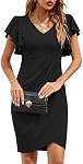 ihot Women's 2026 V Neck Ruffle Sleeve Bodycon Cocktail Party Dress Faux Wrap Ruched Sheath Casual Work Dresses