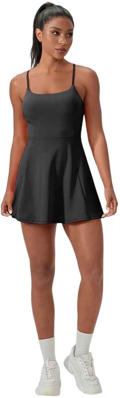Women's Sports Dress with Shorts, Support Bra & Two Pockets Adjustable Thin Spaghetti Straps for Tennis, Golf