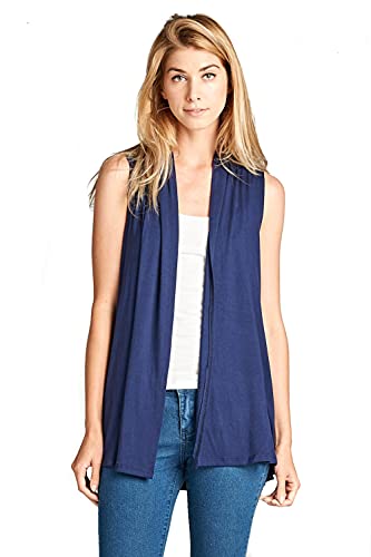 Women's Sleeveless Extra Soft Viscose Made from Bamboo Layering Casual Cardigan Vest - Made in USA (Large, Navy)