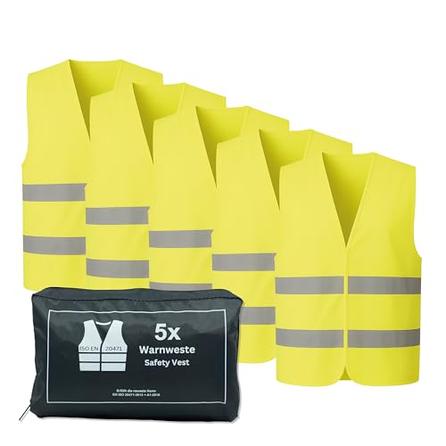 VZL Warnwesten Auto Set – TÜV geprüfte Warnweste EN ISO 20471 – Warnweste Auto – 2/3/5 Stück Warnwesten – für Auto, Motorrad, Fahrrad – Warnweste Kinder – Rettungsweste Kinder (5)
