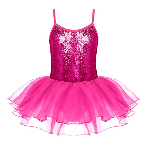 Zaclotre Girls Strap Ballet Leotards Tutu Dress Sparkly Sequin Skirted Leotard Ballerina Outfit Dance Costume for Kids Hot Pink