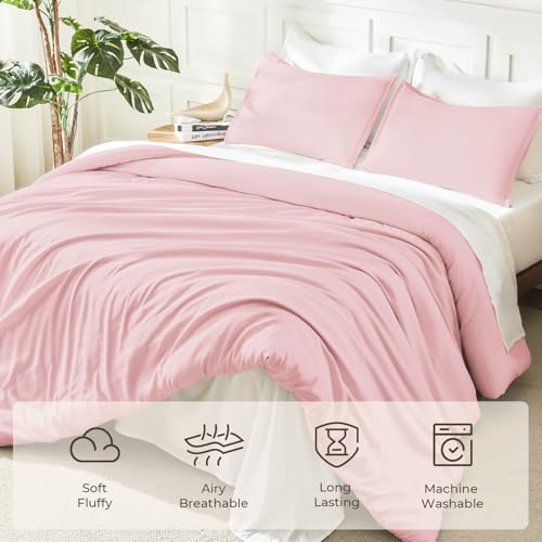 Image of Litanika Pink Comforter Set Queen Size, 3 Pieces Lightweight Soft Fluffy Solid Bedding Set, All Season Bed Set (90x90In Comforter & 2 Pillowcases)