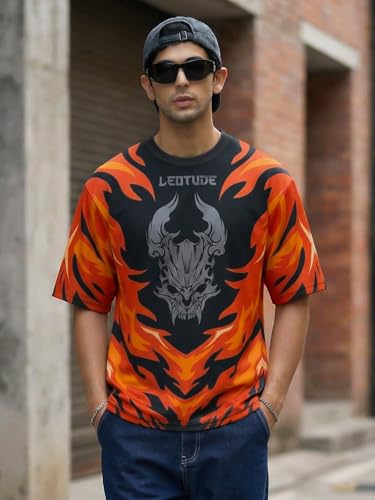 Image of LEOTUDE Men's Fire Flame and Skull Graphic Printed Oversized Polyester