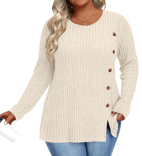 Image of HOTGIFT Womens Plus Size Sweater Tops Long Sleeve Crewneck Casual Tunic Shirts Buttons XL-5XL Blouse Soft Comfy Fashion
