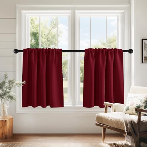 PONY DANCE Burgundy Red Short Blackout Curtains for Kitchen 2 Panels Set, Thermal Insulated Half Window Drapes for Christmas Decorations, Small Curtains for Bathroom, W 29 x L 24 inches