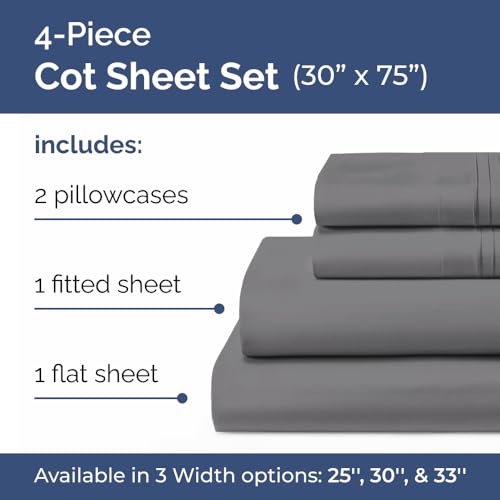 Image of Cot Sheet Set, 30 inch x 75 inch - Easy-Fit Cot Size Mattress Sheets - Dark Grey