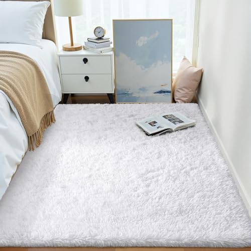 OLANLY Area Rugs for Living Room Bedroom, Machine Washable 4x5.9 ft Soft Fluffy Shaggy Bedside Rug, Indoor Floor Carpet for Kids Girls and Boys, Dorms, Nursery Rooms, Home Decor Aesthetic, White