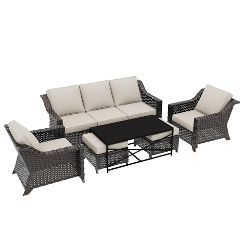 Image of 6 Pieces Outdoor Conversation Furniture Set - 77 inch Patio Sofa, 2 Armchairs, 2 Ottomans, 1 Metal Table, Patio Wicker Couch Set with Washable Cushions for Swimming Pool (Beige) | Patio Chair Set with Olefin Removable Cushion, All-Weather Outdoor Couch with Deep Seat for Porch, Deck and Backyard, Beige