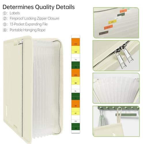 ENGPOW Accordion File Organizer,Fireproof 13 Pockets Expanding File Folder,Document Organizer Folder with Zipper&Labels,Portable Home Travel Safe Storage for Letter A4 Files and More,Beige