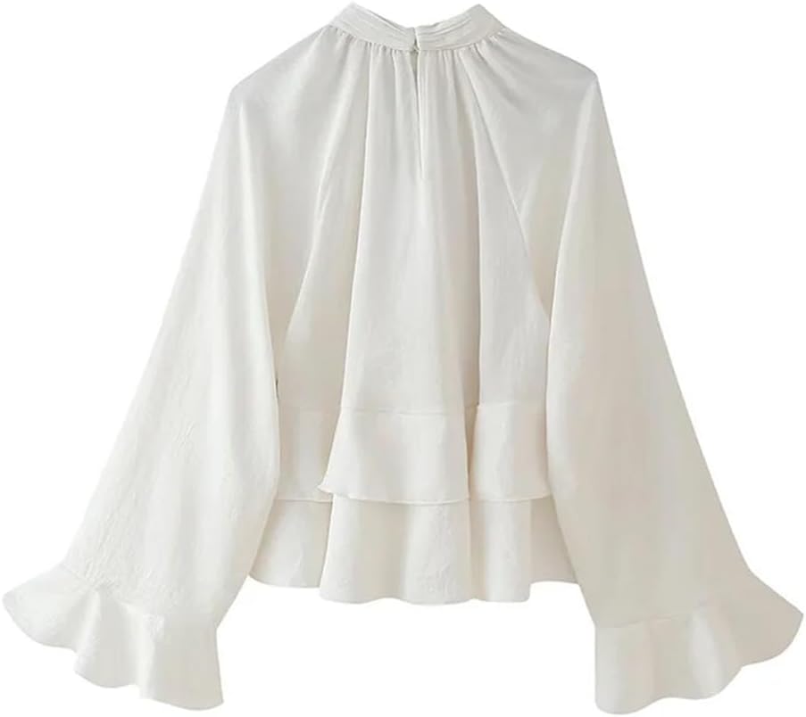 Women's Ruffled High Neck Flared Sleeve Casual Shirt Beige S(4)