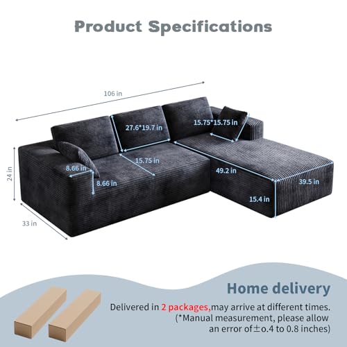 Image of 106 inch Corduroy Sectional Couch, Boneless L Shaped Couch with Deep Seat, Cloud Foam Sofa with Oversized Chaise, Sectional Sofa No Assembly Needed for Living Room
