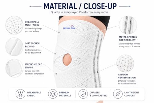 Image of Wonder Care Adjustable Wrap Knee Support Brace, Air Mesh Fabric Knee Brace Cap for Pain Relief, Sports, Arthritis, Running Protection Men Women [White] (2, S)