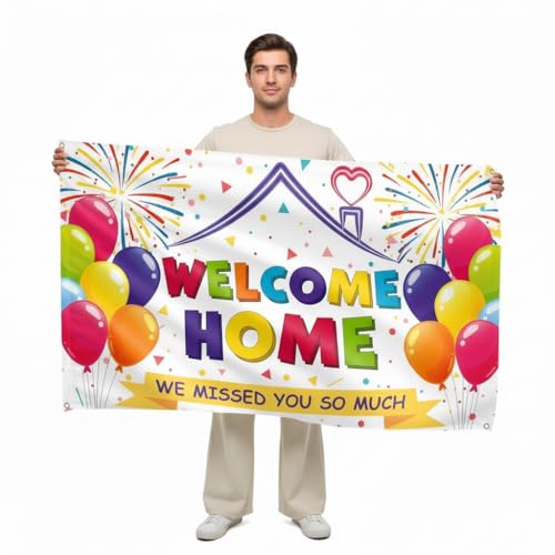 Welcome Home Banner Decor with Balloon Design for Indoor Outdoor Party Decoration, Durable Reusable 5x3ft 110D Polyester with Vivid Digital Print and Double Seam White Border by Quttly