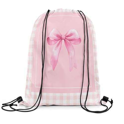 jejeloiu Pink Bow Drawstring Backpack 13x15.7inch,Kawaii Bowknot Waterproof Gym Drawstring Bags Grid Sports
