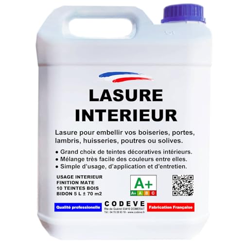 Lasure Bois Interieur - Codeve Bois/Chêne clair - 5L - Intérieur - Pour La Décoration De Votre Boiserie, Lambris, Porte Ou Poutre En Bois.