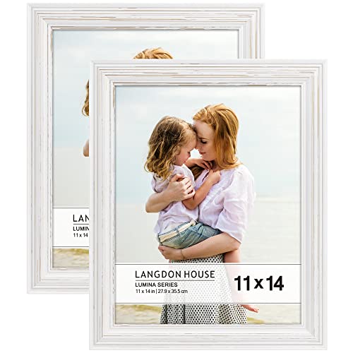 Langdon House 11X14 Real Wood Picture Frames (2 Pack, Weathered White - Gold Accents), White Wooden Photo Frame 11 X 14, Wall Mount Or Table Top, Lumina Collection #TOP6
