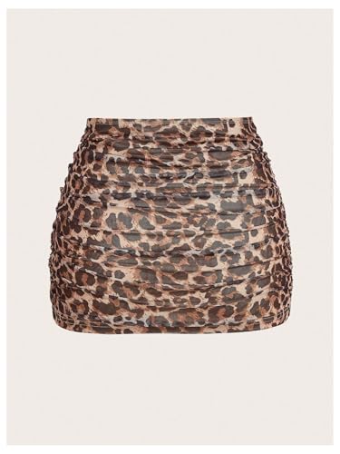 Floerns Mini saia feminina plus size Y2k com estampa de leopardo cintura alta franzido colado ao cor