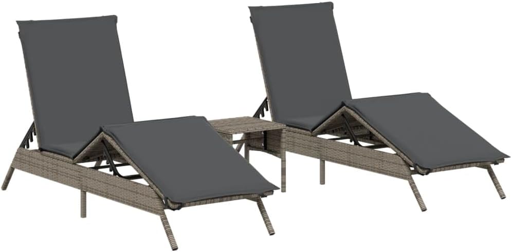 vidaXL Modern Grey Poly Rattan Sun Lounger Set with Side Table Adjustable Cushions Durable Outdoor Furniture Perfect for Patios Balconies and Poolside Lounging Garden Daybed Cushioned Chaise Balcony