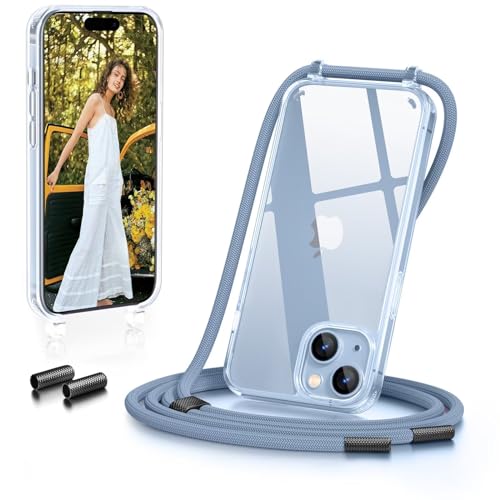 GOODVISH Coque pour iPhone 15 avec Cordon de Collier, Transparente Coque Bumper Etui Housse avec Cordon Réglable Téléphone Lanyard Case Anti-Chute Collier Cover 6,1 Pouces TPU, Bleu
