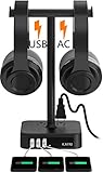 Dual Headphone Stand with USB Charger KAFRI Desk Gaming Double Headset Holder Hanger Rack with 3 USB Charging Port and 2 Outlet - Suitable for Gamer Desktop Table Game Earphone Accessories Gift