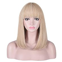 15 Inch Short Straight Blonde Highlights Bob Wig with Bangs | Natural Heat Resistant Synthetic Hair Wigs for Women