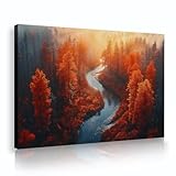 自然写真アートキャンバスウォールアートプリント秋の森川風光明媚なフレーム絵画ポスターリビングルーム80x112cmインナーフレームのための素朴な家の装飾