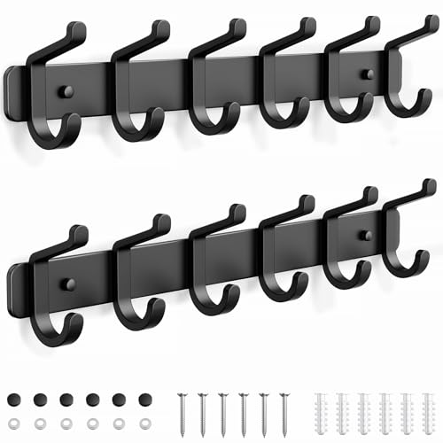 pickpiff Coat Rack Wall Mounted Heavy-Duty: Metal Coat Hanger 6 Hooks for Hanging Hat, Clothes, Robe, Keys, Backpack, Bathroom Towels, Jacket, Purse - Closet, Door, Entryway, Mudroom (Black, 2 Pack)