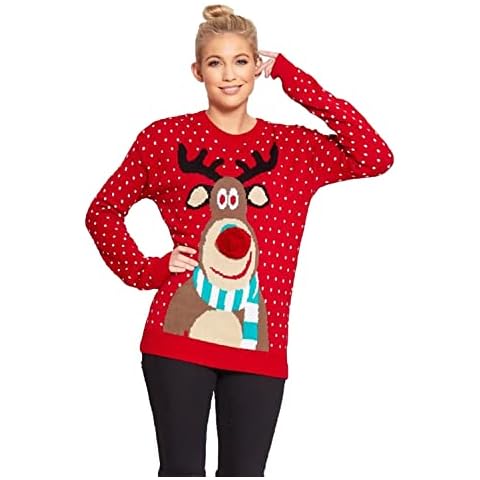 J5fashion Womens Rudolph Pom Pom Knitted Christmas Jumper Red 24/26 Cover