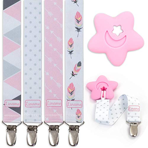 Image of Liname Neutral Pacifier Clip with Teething Toy - 4 Pack Pacifier Clips for Boys & Girls - Binky Holder Soothie Paci Clip Binkie Clip - Unisex Pacifer Clip Baby Pacifier Clip and Pacifier Holder (Pink)