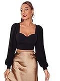 SheIn Women's Elegant Sweetheart Neck Lantern Long Sleeve Solid Crop Top Blouse Black# Small