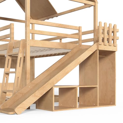Image of Bellemave Bunk beds Full Over Full with Slide,Ladders,Bookshelf and Wardrobe House roof Design, Low bunk /loft Bed for Kids, Natural