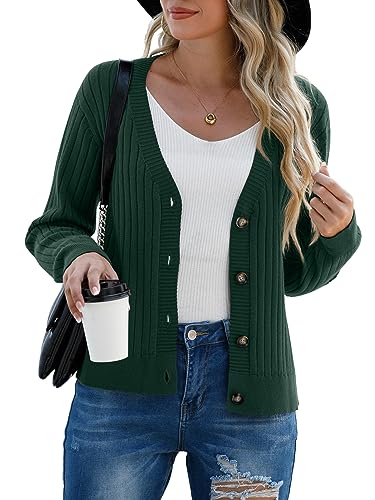 Image of Women's Dark Green Casual Dressy Stirped Cardigan with V Neck Button Christmas Sweaters Crew Neck Lady Lightweight Jacket 2024 Fall Winter Size M