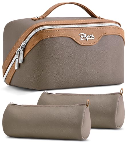 BOYATU Travel Makeup Bag Organizer Cosmetic Bag: 3 Pcs Set Make up Bags for Women with Handle - Waterproof Vegan Leather Toiletry Bags Travel Essentials Pouch with Compartments (A-02-Grey)
