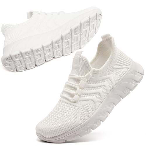 CMNZHK Women Running Shoes Tennis Walking Gym Sneakers Workout Fashion Atheltic Slip On Breathable Light Hikking Comfortable Jogging Shoe White Size 9