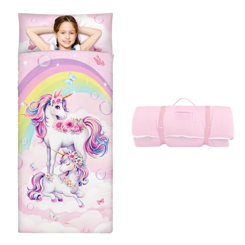 Tamanho Grande Saco de Dormir Infantil com Almofada Removível 170×75cm, Manta de Soneca Dobrável e Quente para Meninos e Meninas, Saco de Dormir com Zíper para Camping e Soneca, Unicórnio