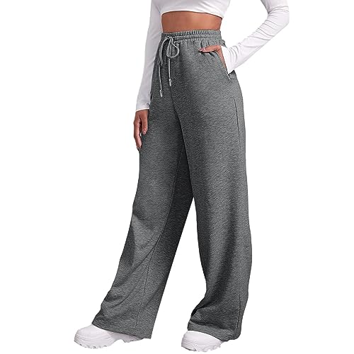 Pantalones de chándal para mujer, con forro polar, pierna recta, anchos, pantalones de jogger, entrenamiento, cintura alta, pantalones de yoga con bolsillos, gris, XXL