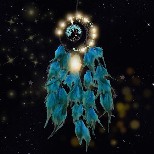 Kikuo AtrapasueñOs Arbol de la Vida, Hecho a Mano Plumas Atrapa Sueños para Pared, Vintage Estilo Bohemio Atrapasueños para Decoraciones de Boda, Dormitorio, Coche, Habitación Infantil(Azul)