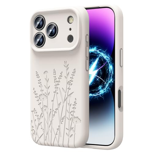 OAOA Magnetic Engraved Case Compatible with iPhone 17 Pro Max Case, Compatible with Magsafe, Camera All-Round Protection, Slim Liquid Silicone Phone Case for Women Girls, Stone Flower
