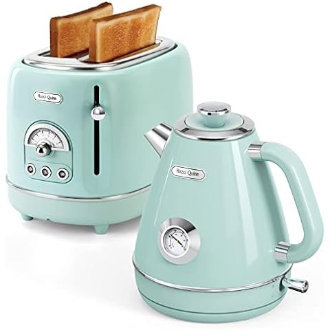 Hazel Quinn Kettle and Toaster Set, Stainless Steel, Vintage Design, BPA Free, Temperature Dial, 1.7 Litre & 2-Slice Toaster, Six Browing Levels, High Lift Levels, Removable Crumb Tray, Mint Green Cover