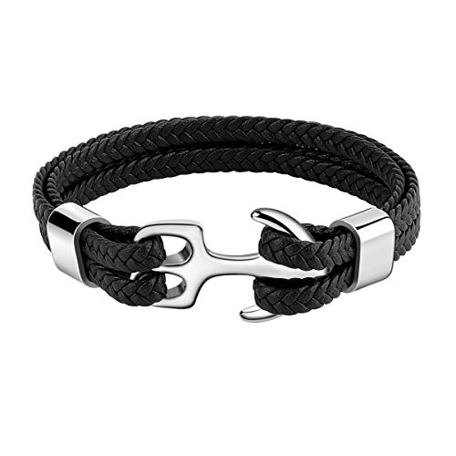 Emibele Robust Rindsleder Armband für Herren - Mehrschichtig Vintage Wickelarmband Mit Silber Anker - Schwarz