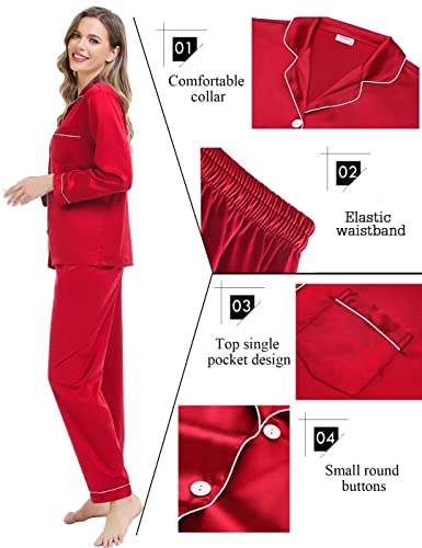 Swomog Couples Matching Pajamas Set Silk Satin Long Sleeve Loungewear 2 Pcs Sleepwear Elegant Button Down Pj Set Red #TOP3