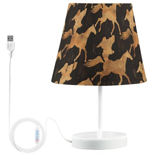 Peystean 3-Color Dimmable LED Bedside Table Lamp,Groupr Running Horse Silhouette Linen Nightstand Light by USB Port,12" High Desk Decor for Living Room Nursery Bedroom Office Cafe