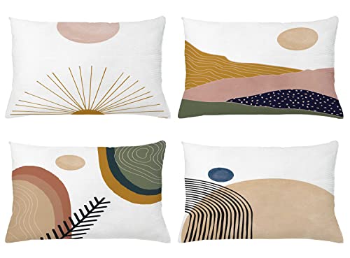 Ambesonne Minimalist Throw Pillow Cushion Case Pack Of 4, Contemporary Design Circles Branches Sun And Hill Look Details, Modern Accent Double-Sided Printing, 20" X 12", Blush White #TOP21