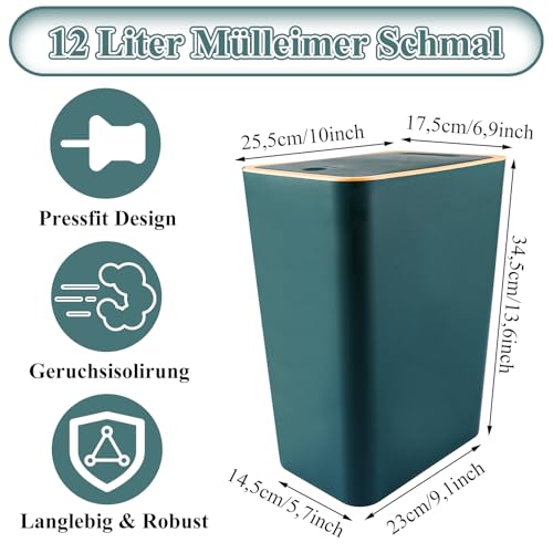 MIVIDE 12L Mülleimer Schmal, Mülleimer mit Deckel Grün, Abfalleimer Badezimmer Grün mit Pop-Up Deckel PP Material für Bad, Büro, Küche, WC