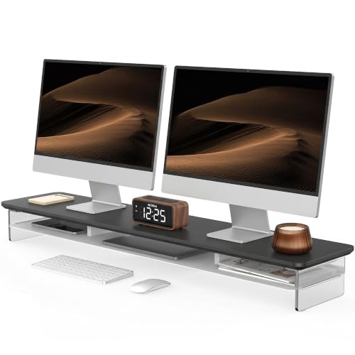 Fenge Acrylic Monitor Stand Riser, 42.5 Inches Dual Monitor Stand with Metal Storage, 2 Tier Acrylic Computer Riser for Desk, Clear Laptop Stand for PC, Laptop, Printer, TV, Black