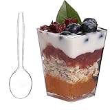 50 Pack 5 oz Square Plastic Dessert Cups with Spoons clear Reusable Serving Bowl Great for Puddings...