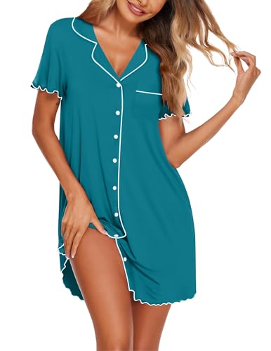 Image of Ekouaer Nightgowns for Women Button Down Sleep Shirt Short Sleeve NightShirts Boyfriend Sleepdress Soft Pajama Dress