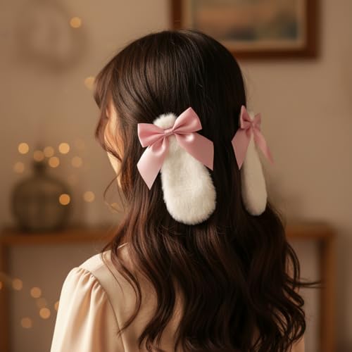 Par de pinzas para el cabello con orejas de conejita de peluche miniatura 3